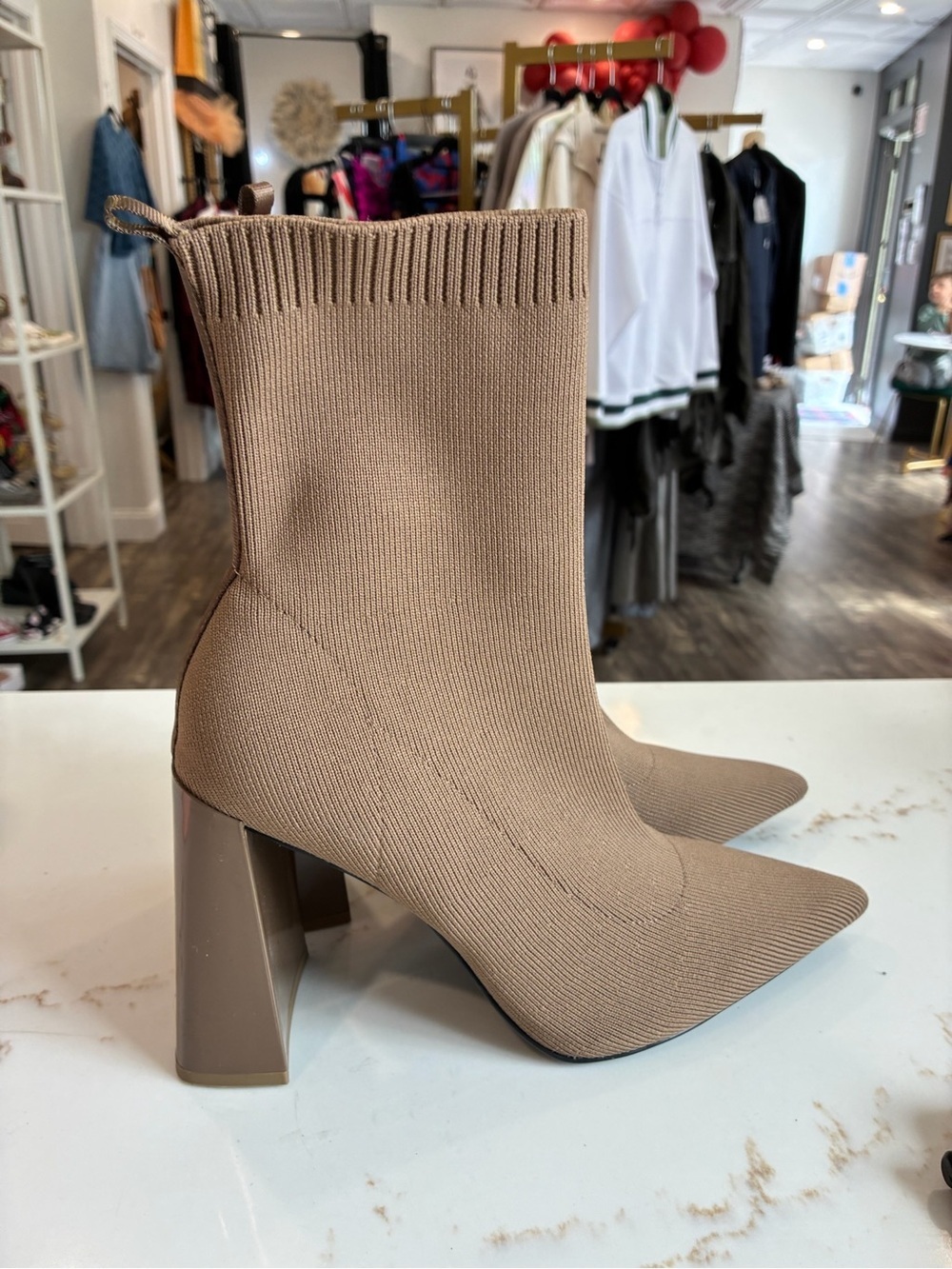 Zara Beige Knit Sock Ankle Boots with Block Heel